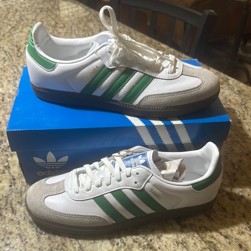 Adidas White and Green Sneakers with Classic Design